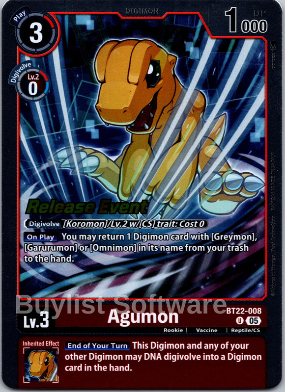 Agumon [BT22-008 U] [Cyber Eden Release Event Cards] Foil
