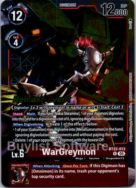 WarGreymon [BT22-013 R] [Cyber Eden Release Event Cards] Foil