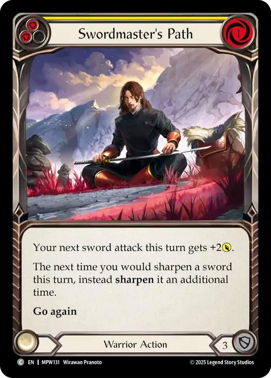 7f998800-094f-4d95-9b49-c412d4de43f2 | fab-mpw131-nf-mastpackwarr-y-com-nm | Swordmaster's Path (Yellow)