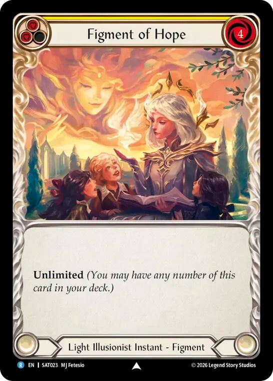 7f998800-094f-4d95-9b49-c412d4de43f2 | fab-sat023-nf-silvageusurtheshadthro-y-rar-nm | Figment of Hope (Yellow) // Suraya, Archangel of Endless Hope