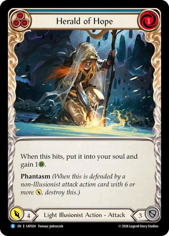 7f998800-094f-4d95-9b49-c412d4de43f2 | fab-sat024-nf-silvageusurtheshadthro-b-rar-nm | Herald of Hope (Blue)