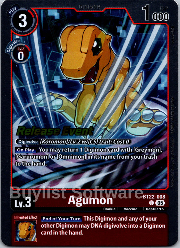 Agumon [BT22-008] [Cyber Eden Release Event Cards] Foil